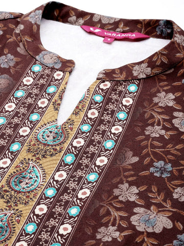 Varanga Women Brown Woolen Floral Printed Straight Kurta With Bottom And Printed Woolen Dupatta